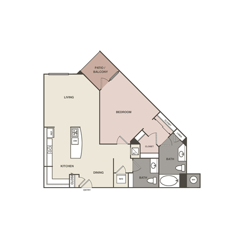 Floor plan for 1 bed, 1 bath, 937 sqft